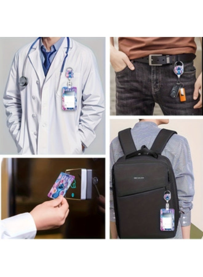 Disney Three-in-one Disney blue flower Stitch logo plastic ID holder with lanyard, retractable ID roll, keychain and extension chain - suitable for workers, students, bus drivers, doctors, nurses, etc. - Image 2